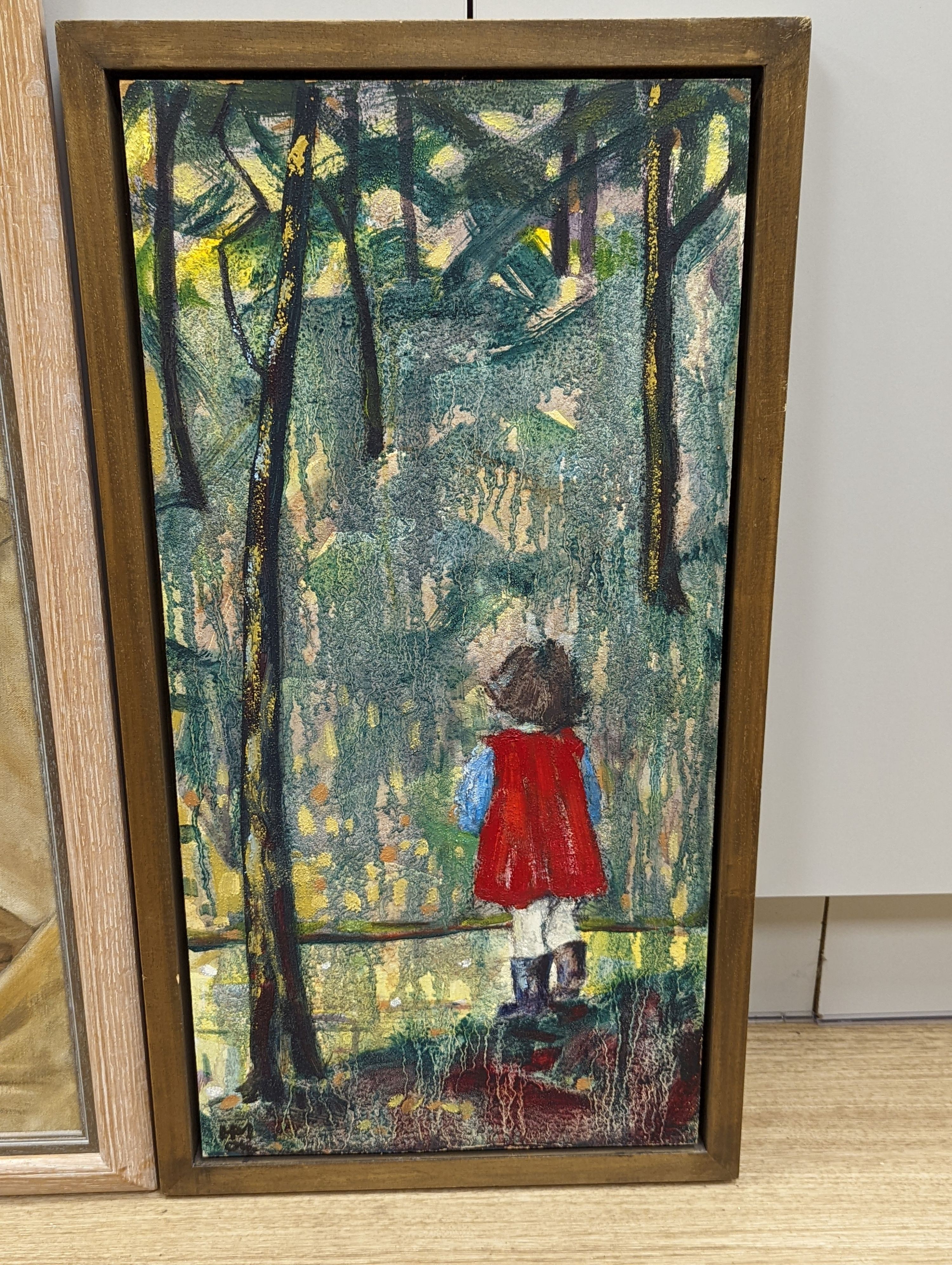 Hazel Morris, pair of oils on board, 'Listen', initialled and dated '04, 61 x 30cm and an unsigned oil on canvas, 62 x 27cm